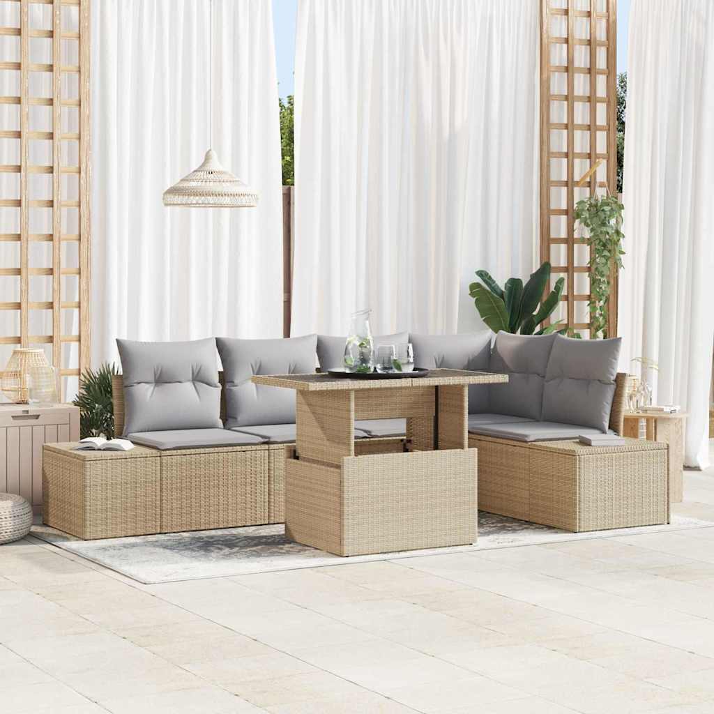 Garten-Sofa-Set mit Speicher 6 pcs Beige Poly Rattan